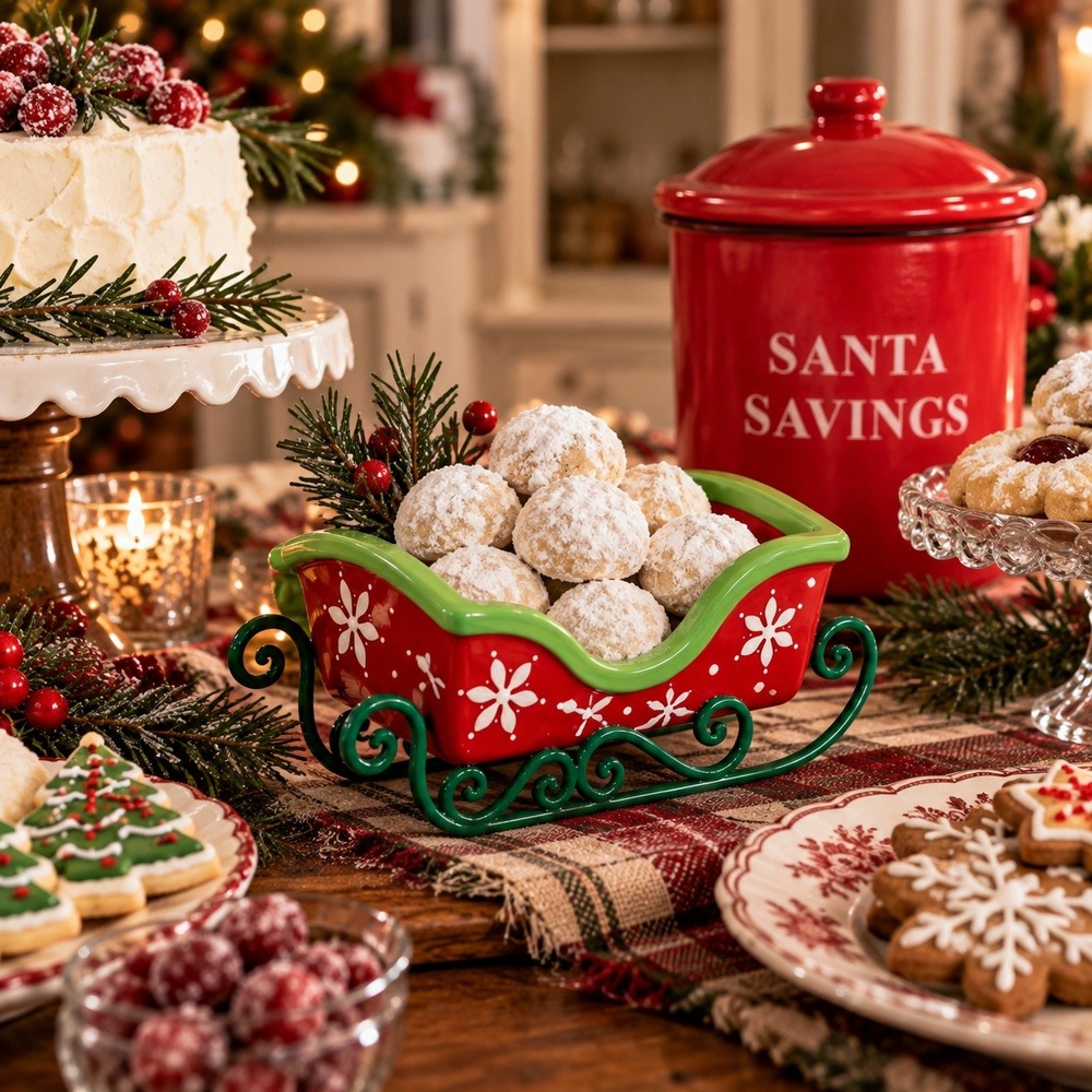 Christmas Sleigh Serving Dish Red Green Ceramic Holiday Candy Cookie Bowl